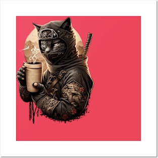 Coffee Ninja Cat - Funny and Playful Cat and Coffee Lovers Posters and Art